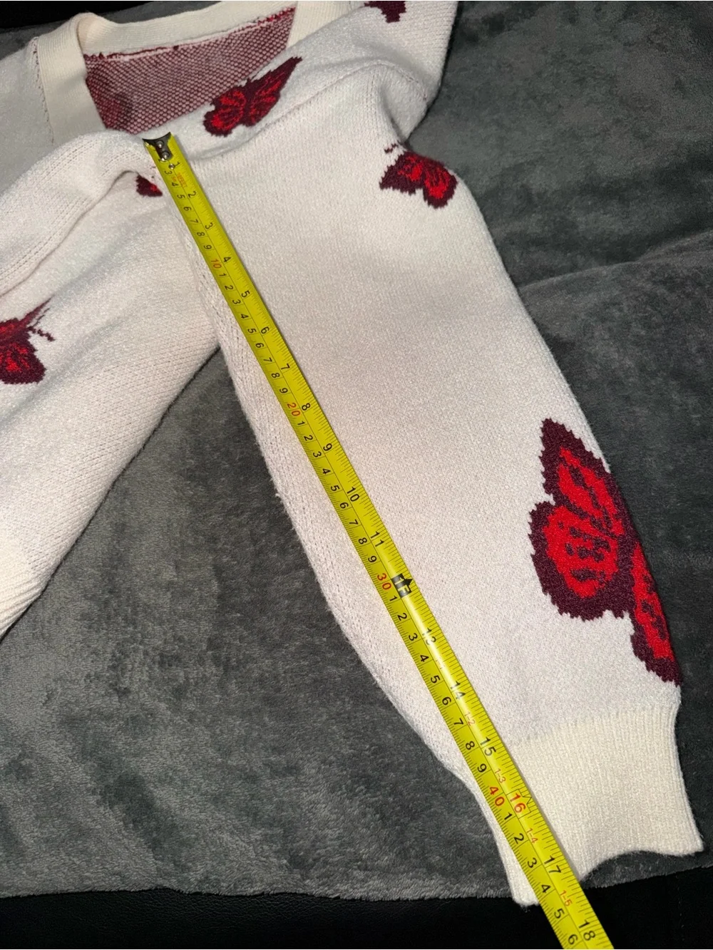 Cream Cardigan with Red Butterfly Motif